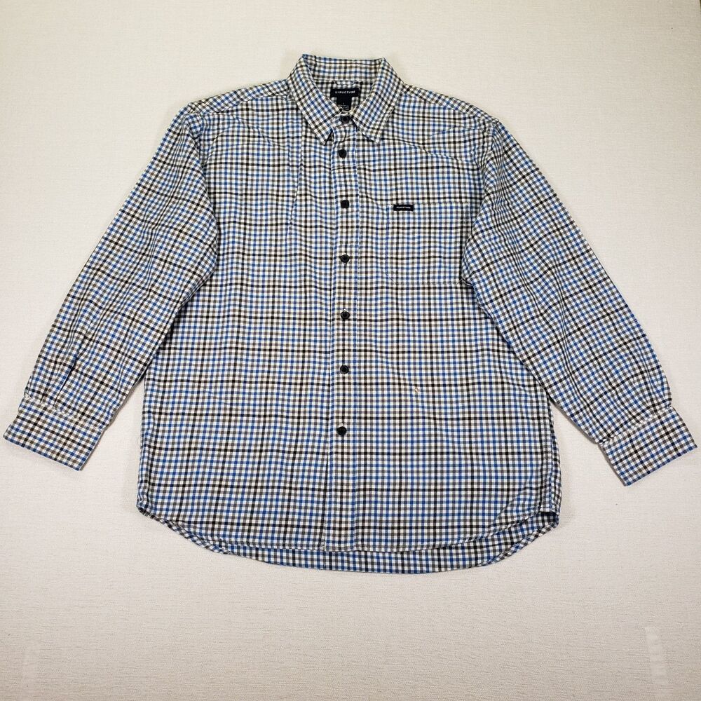 Vintage Structure Plaid Flannel Shirt Mens Large Blue Checked Button Down Y2K